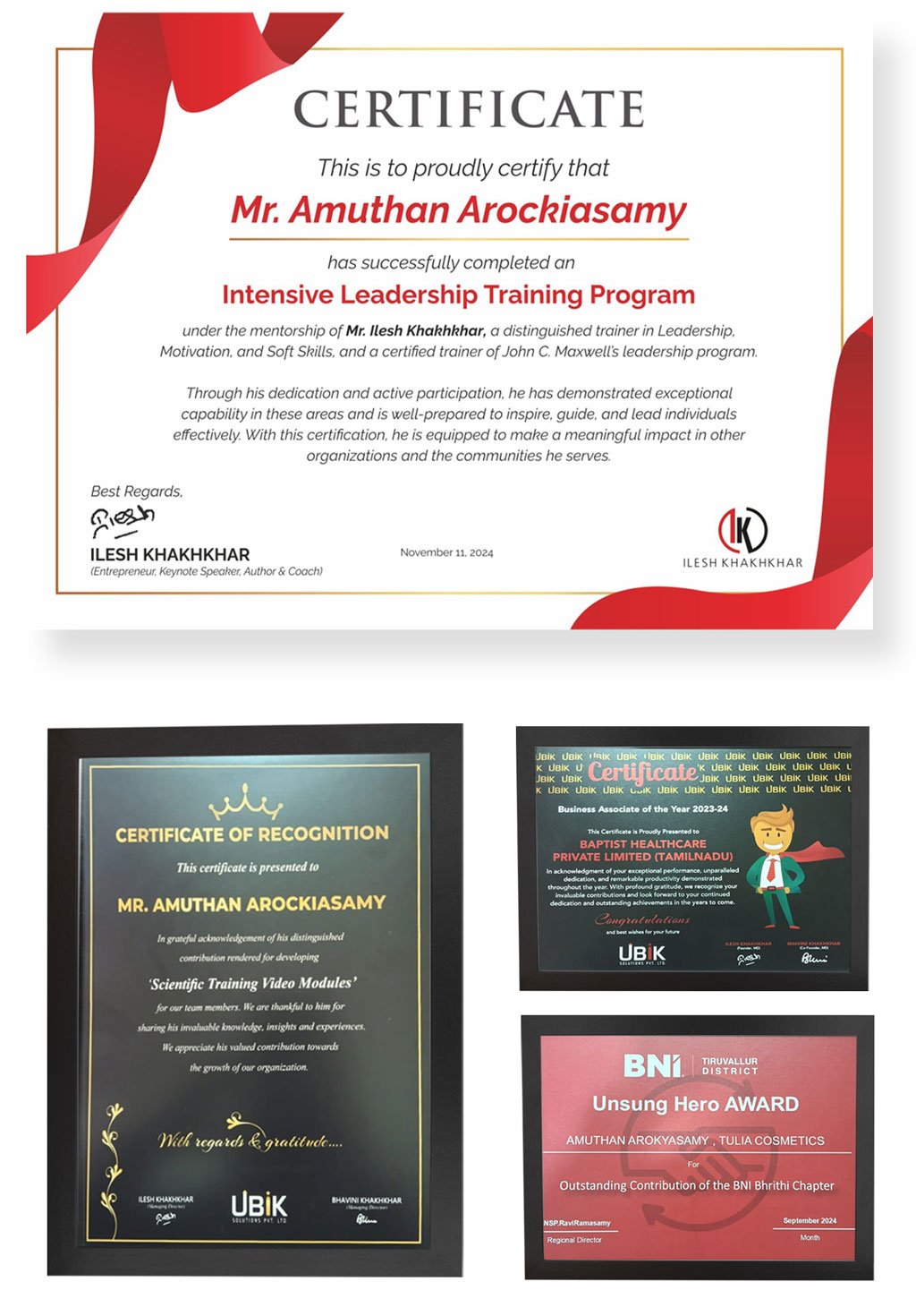 Certification awarded to A. Amuthan